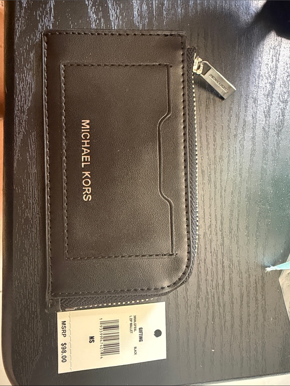 Michael Kors Black Leather Zip Card Case with Gold Logo
